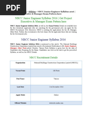 NBCC Junior Engineer Syllabus 2016 - Get Project Executive 