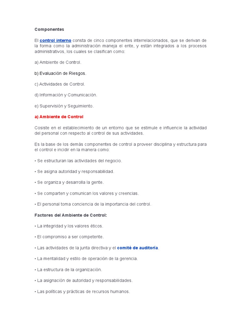 Componentes del Control Interno COSO | PDF | Planificación | Información