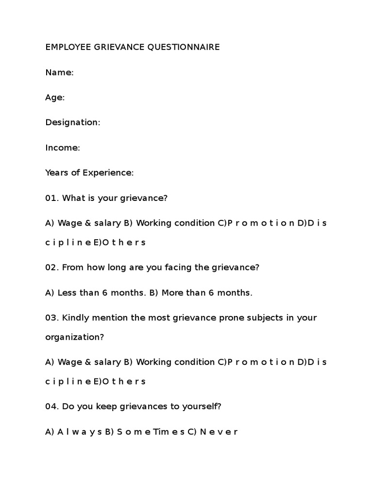 Employee Grievance Questionnaire PDF