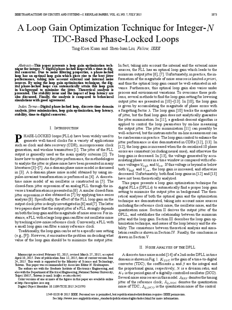A Loop Gain Optimization Technique For IntegerTDCBased PhaseLocked Loops PDF Signal