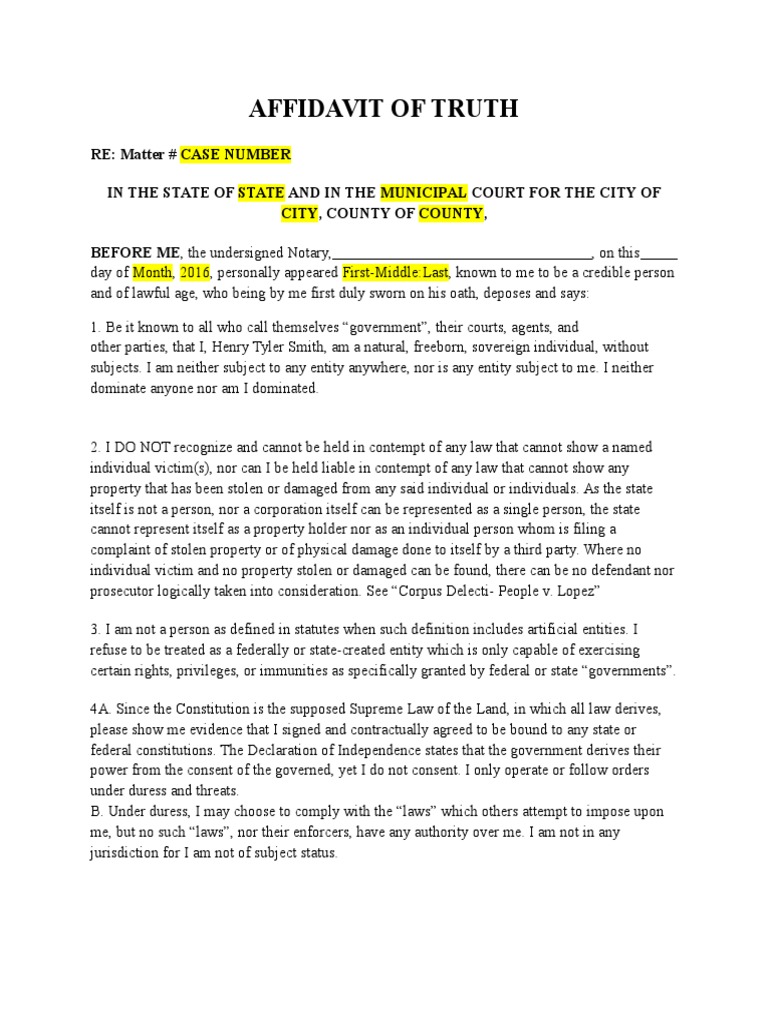 Affidavit of Truth Template PDF Natural And Legal Rights Freedom