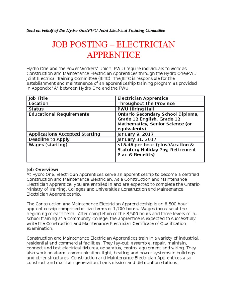 Hydro One/PWU Joint Electrical Training Committee Hydro One Apprentice PDF Electrician