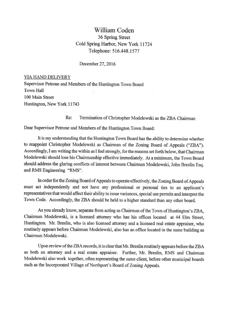 Huntington Zoning Board Chairman Complaints PDF