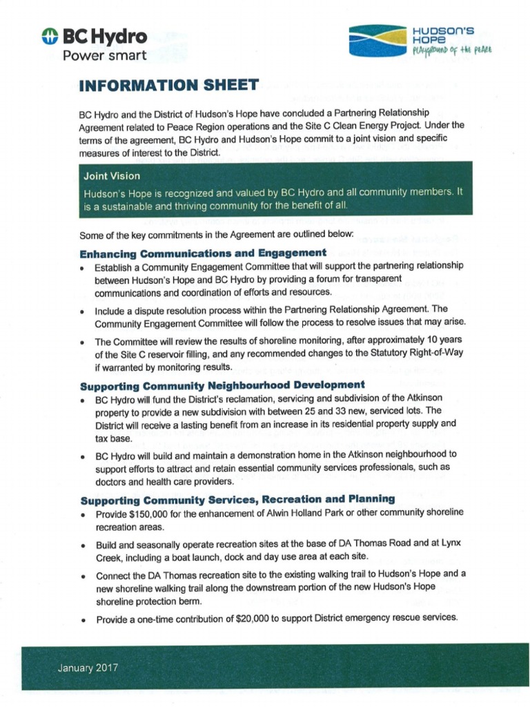 Bc Hydro Hudson S Hope Site C Operations Agreement