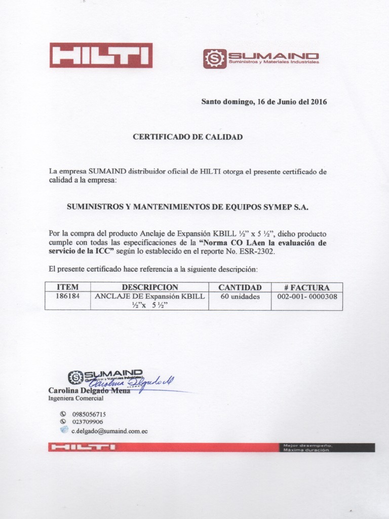 Certificado de Calidad Pernos Hilti