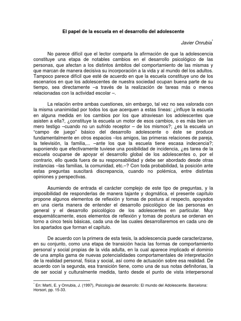 El Papel de La Escuela en El Desarrollo Del Adolescente Javier Onrubia ...