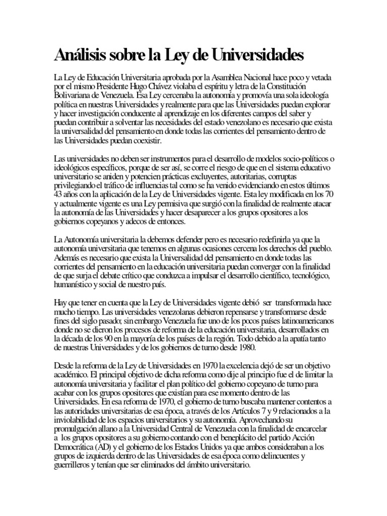 Análisis Sobre La Ley de Universidades PDF Universidad Venezuela