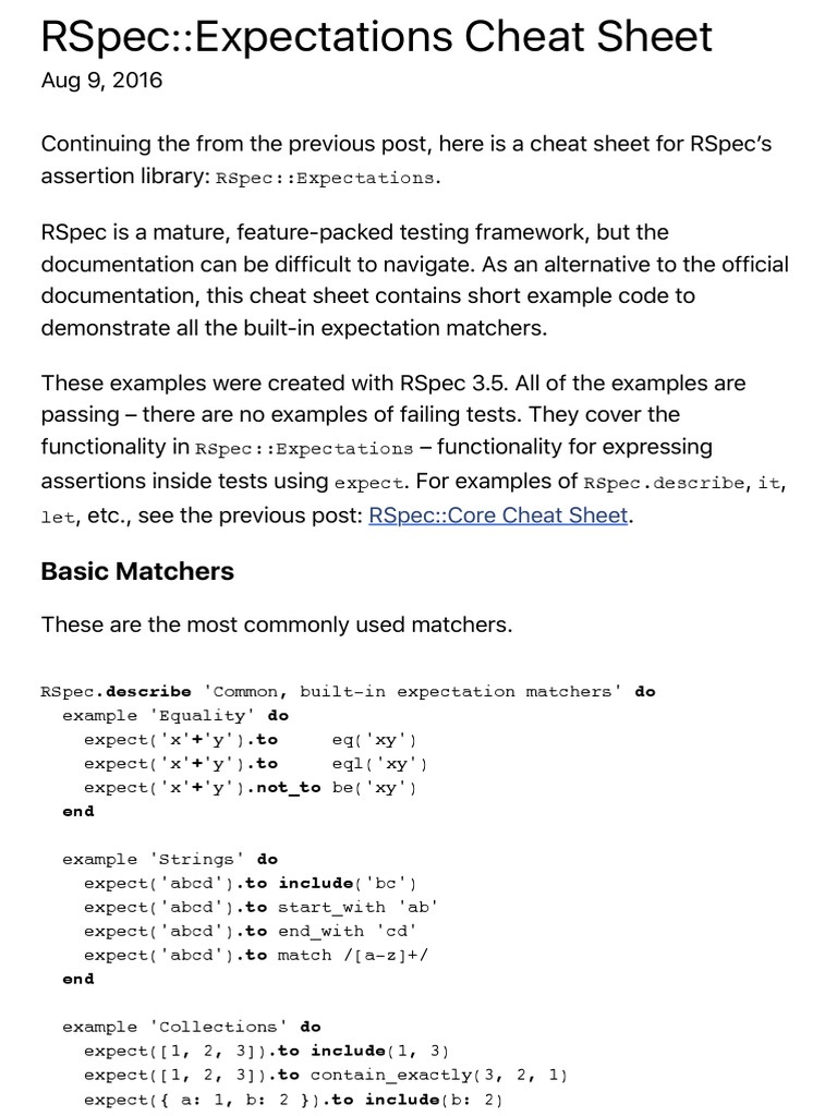 Rspec Expectations Cheat Sheet Boolean Data Type Software Development