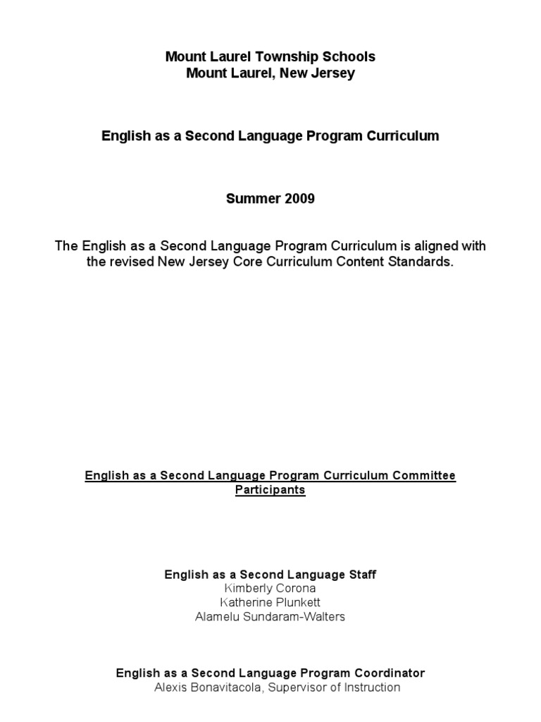 Esl Language Program Curriculum New Jersey | PDF | Reading ...