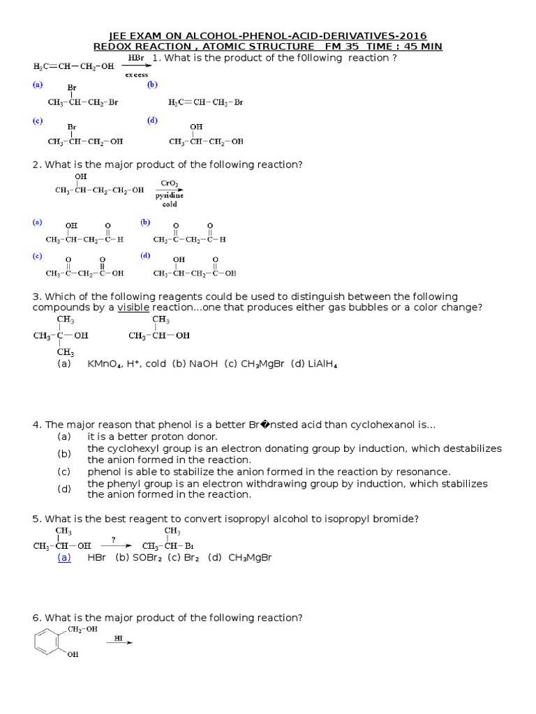 Jee Exam On AlcoholJee PDF Chemical Reactions Electron