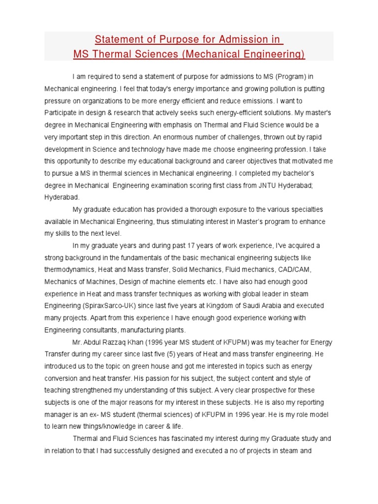 STATEMENT OF PURPOSE.docx | Mechanical Engineering | Hvac