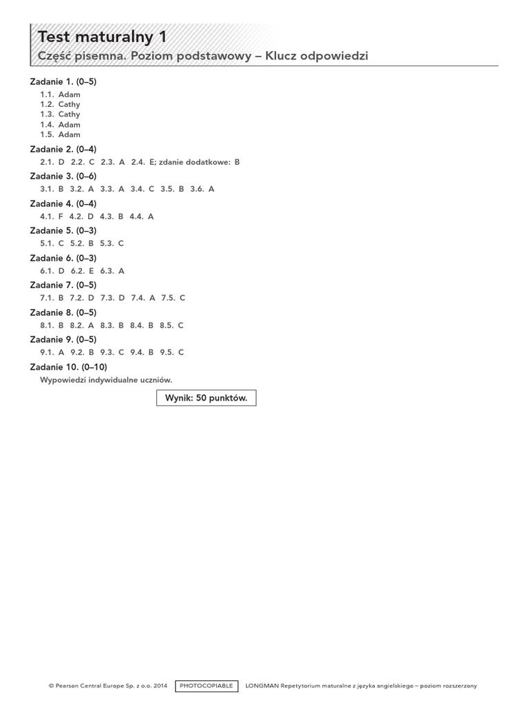 Test 1 Człowiek Longman Odpowiedzi Longman Test Maturalny 1 Poziom Podstawowy Klucz Odpowiedzi | PDF
