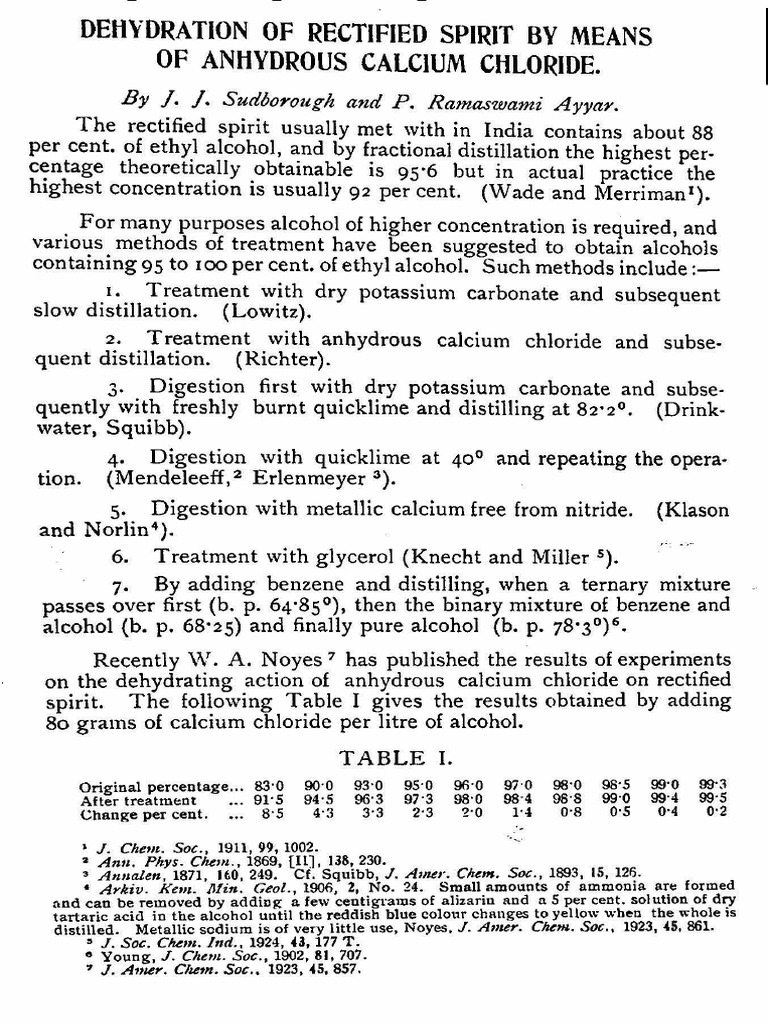 Dehydration of Rectified Spirit by Means of Anhydrous Calcium Chloride
