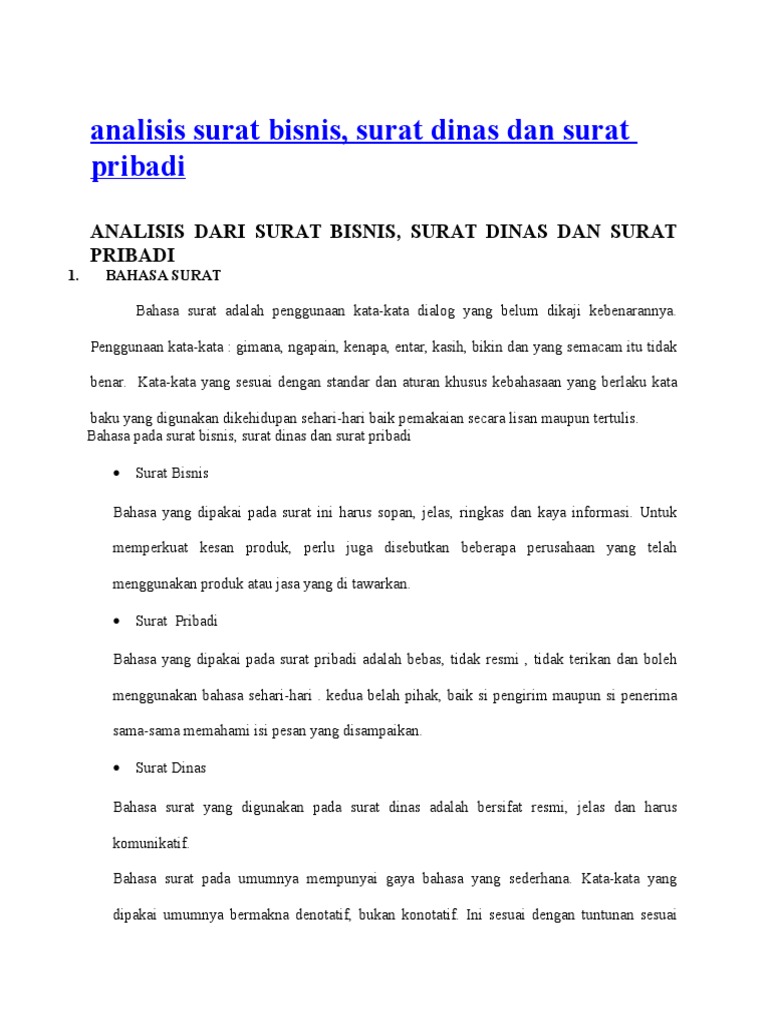 Analisis Surat Bisnis Pribadi Dinas