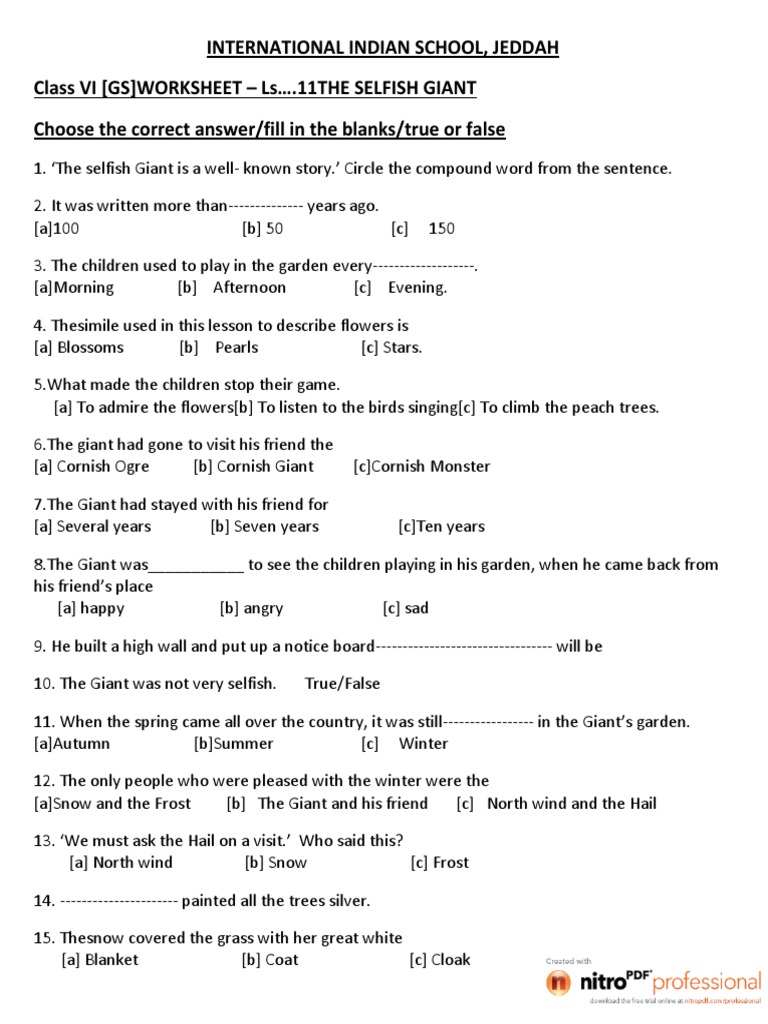cbse class 4 english revision worksheet 59 the selfish giant the
