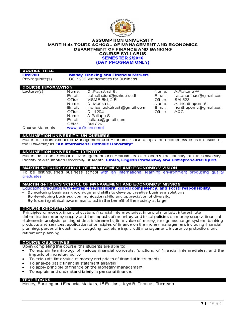 Fin2700 Money, Banking and Financial Market course Outline ABAC Money