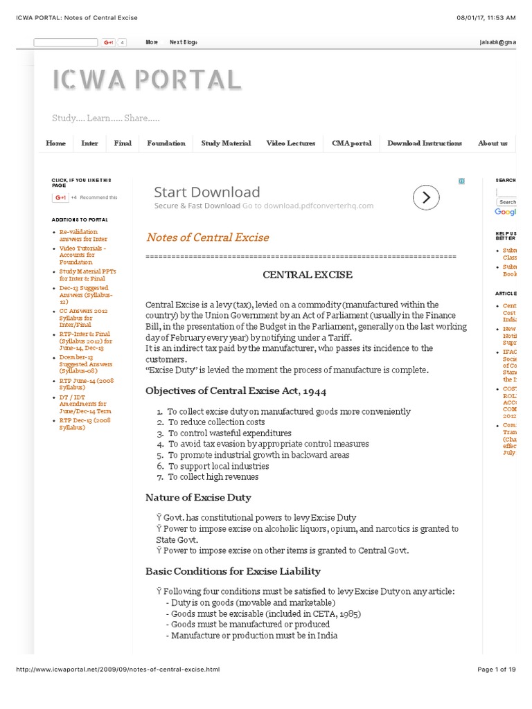 ICWA PORTAL: Notes of Central Excise | PDF | Taxes | Excise