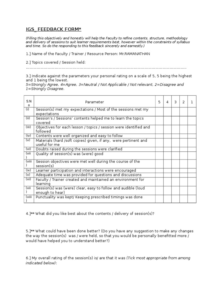 Feedback Form For Igs Session On Topic Evaluation And Faculty