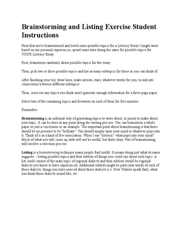 Brainstorming and Listing Exercise Student Instructions | PDF ...