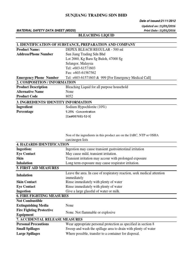 Depex Bleach Regular Material Safety Data Sheet (MSDS) Bleach
