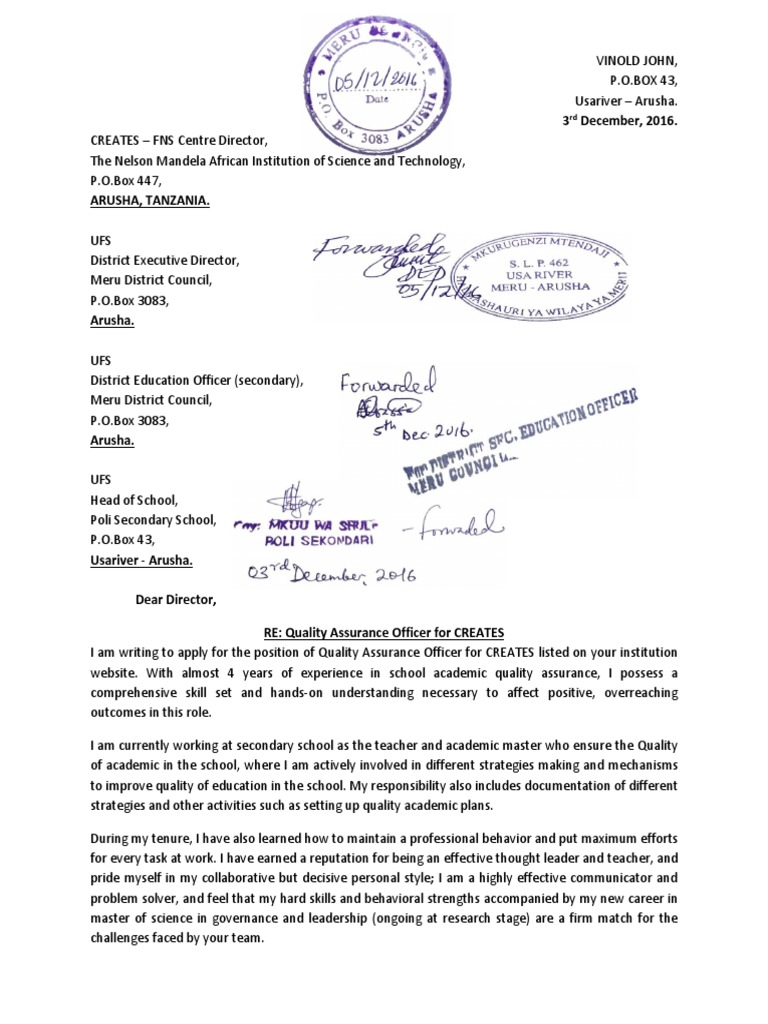 Application Letter For Quality Assurance Officer | Leadership | Science
