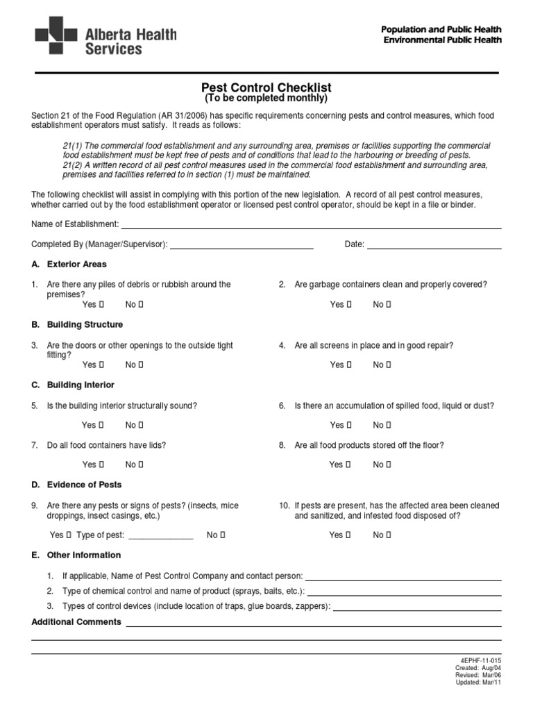 Monthly Pest Control Checklist for Food Establishments | PDF | Wellness