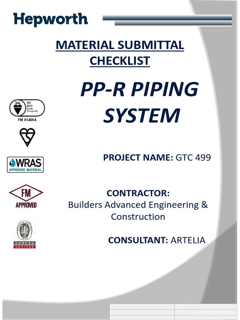PPR Pipes Fittings Complete Submittal Rev.1 PDF Iso 9000 Pipe (Fluid Conveyance)