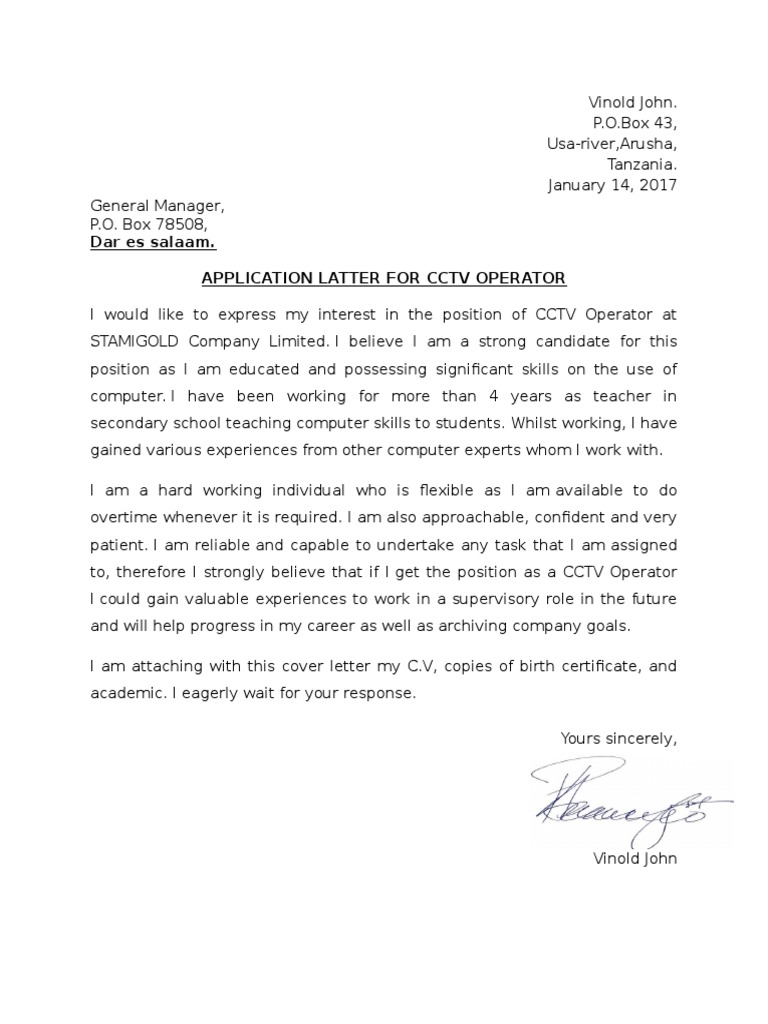 Cover Letter For Cctv Oparetor Behavior Modification Cognition