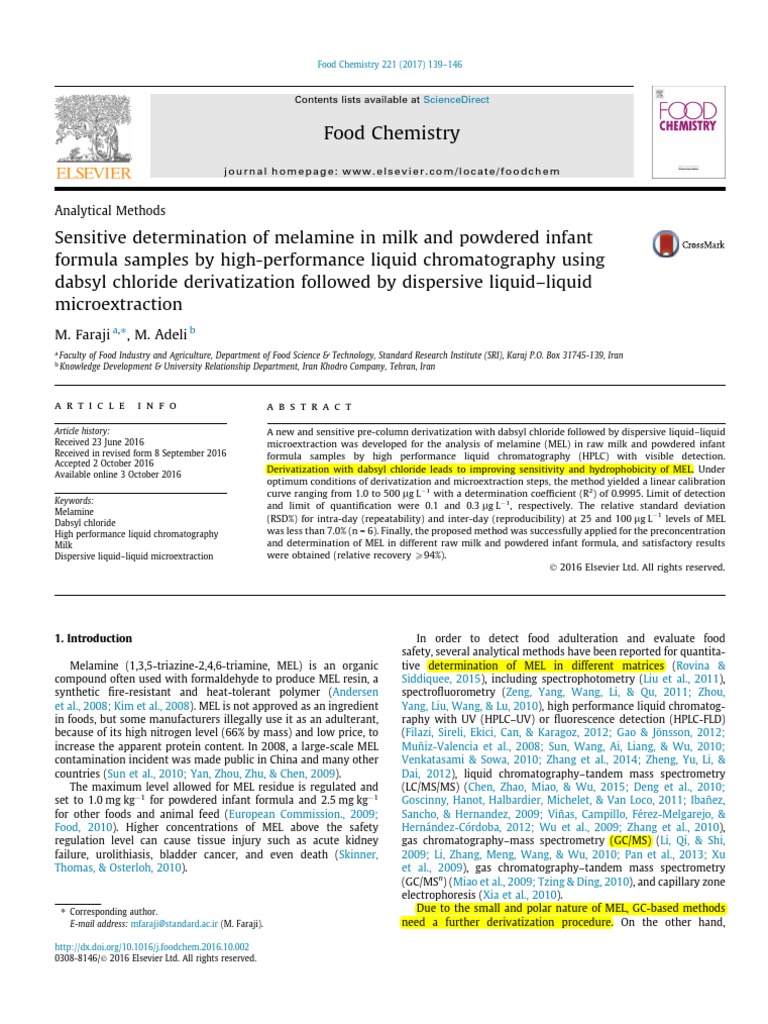 Melamine Detection in Milk via HPLC | PDF | High Performance Liquid ...