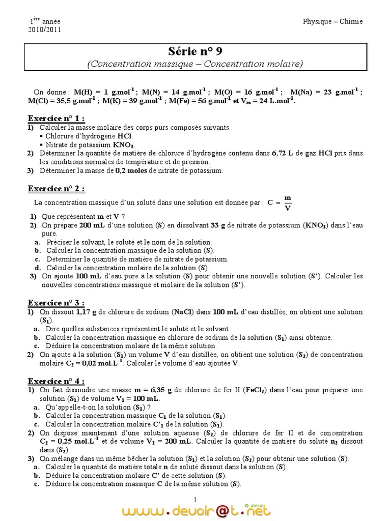 Concentration massique et molaire en chimie | PDF | Concentration ...