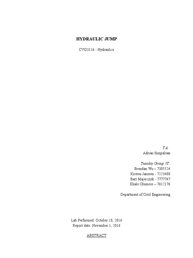 Hydraulic Jump Lab PDF Fluid Dynamics Materials Science