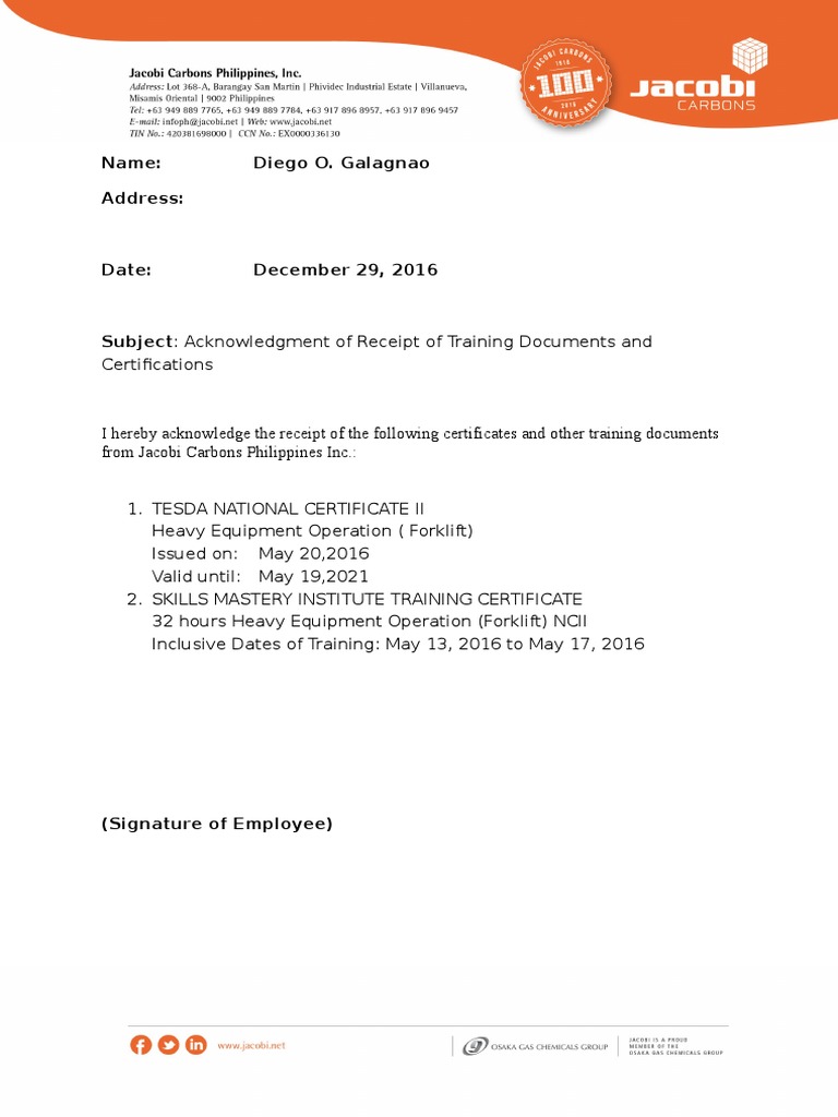 Forklift Acknowledgement