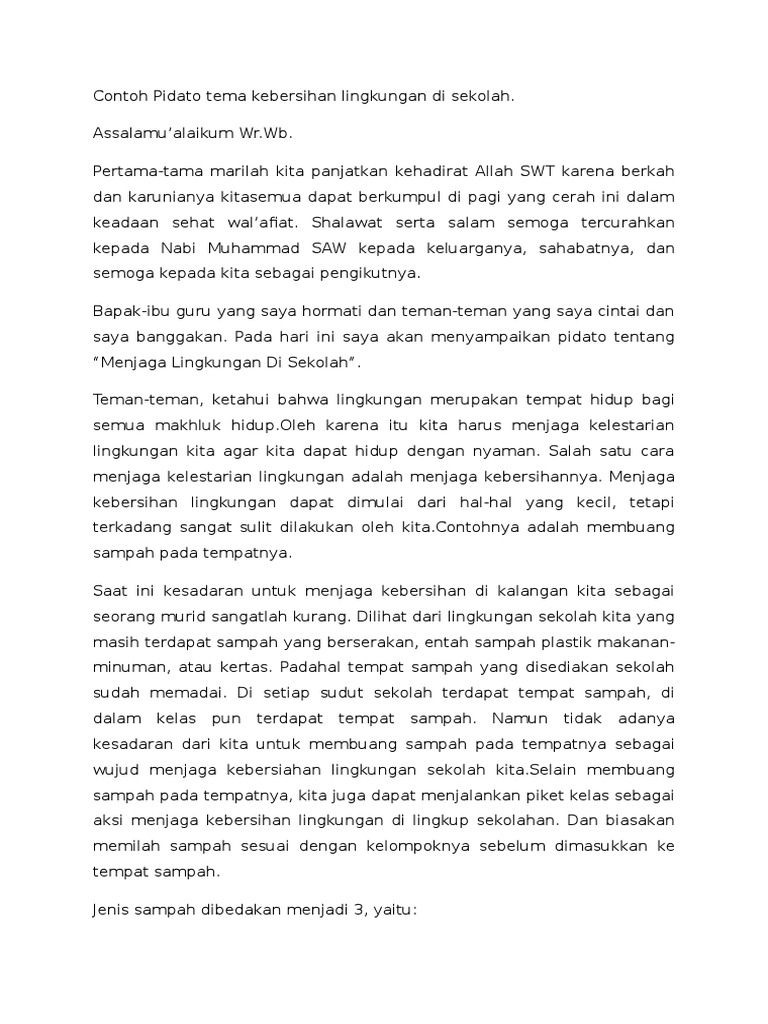 Contoh Pidato Tema Kebersihan Lingkungan Di Sekolah PDF