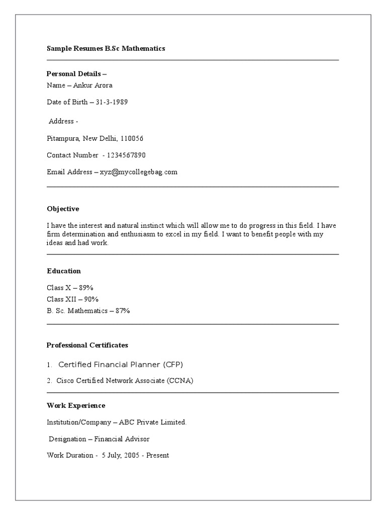 B.Sc Mathematics Resume Sample | PDF