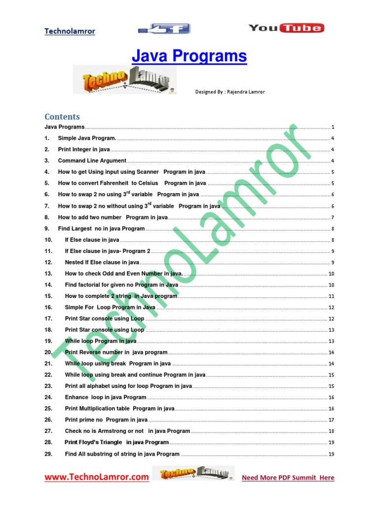 100 Java Programs by TechnoLamror | PDF | Method (Computer Programming ...