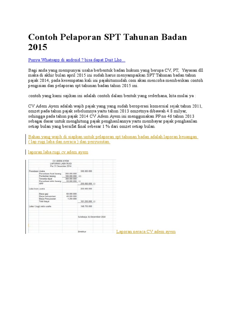 Contoh Laporan Rugi Laba Spt Tahunan Badan Kumpulan