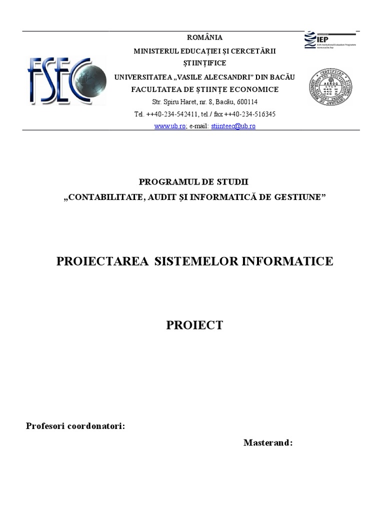 Proiectarea Sistemelor Informatice: Programul de Studii Contabilitate ...