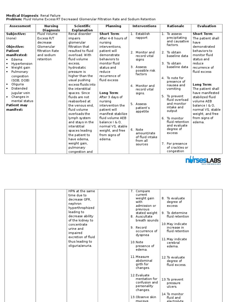 1 Fluid Volume Excess Chronic Renal Failure Nursing Care Plans | PDF
