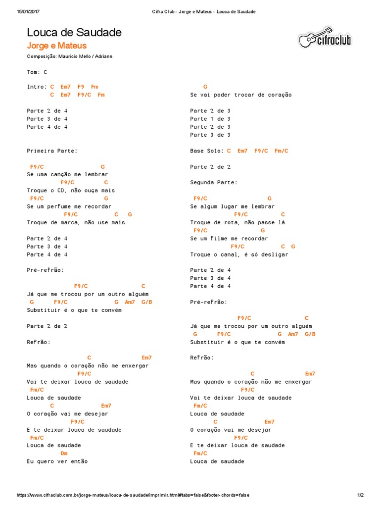 Cifra Club e Mateus Louca de Saudade PDF Música gravada