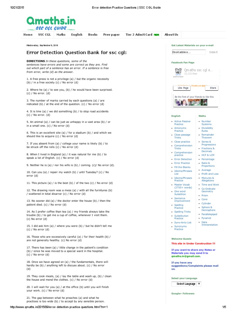 Error Detection Practice Questions _ SSC CGL Guide Subject (Grammar