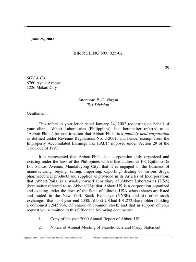 Abbott-Phils. Tax Exemption Ruling | PDF | Stocks | Corporations