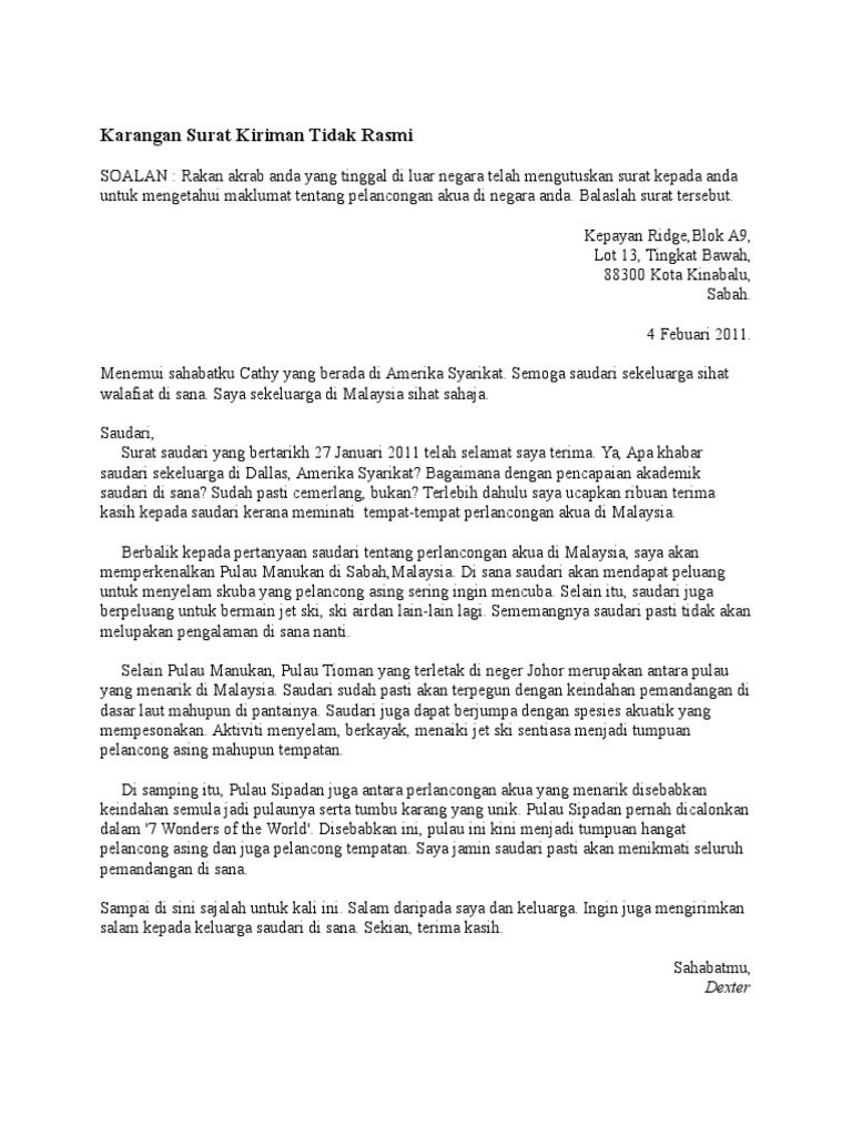 Karangan Surat Kiriman Tidak Rasmi Pdf