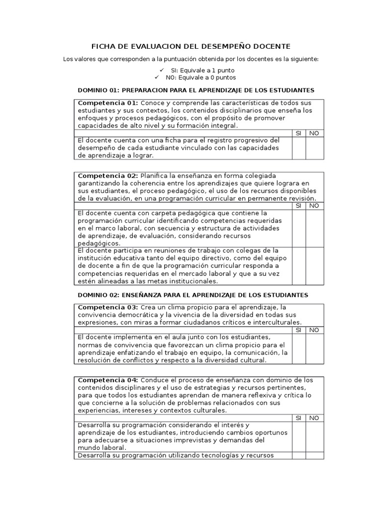 Ficha de Evaluacion Del Desempeño Docente | PDF | Evaluación | Aprendizaje