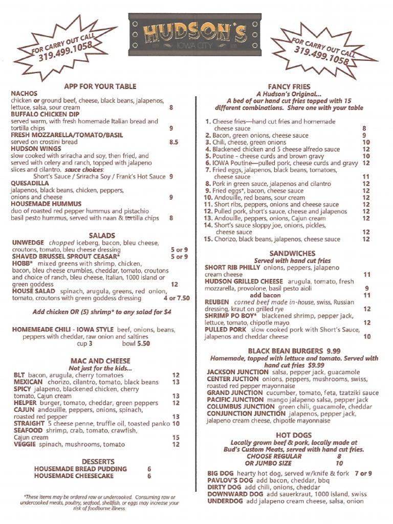Hudson's Restaurant and Bar Menu Iowa City Salad Hamburgers