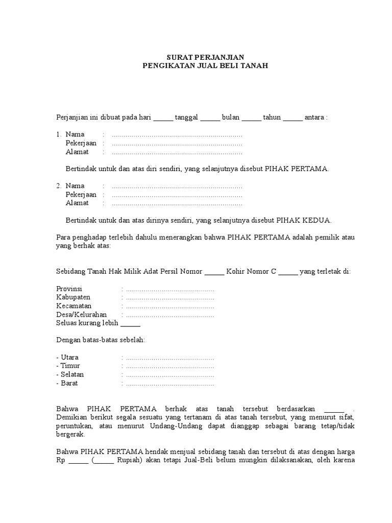 Surat Perjanjian Pengikatan Jual Beli Tanah | PDF