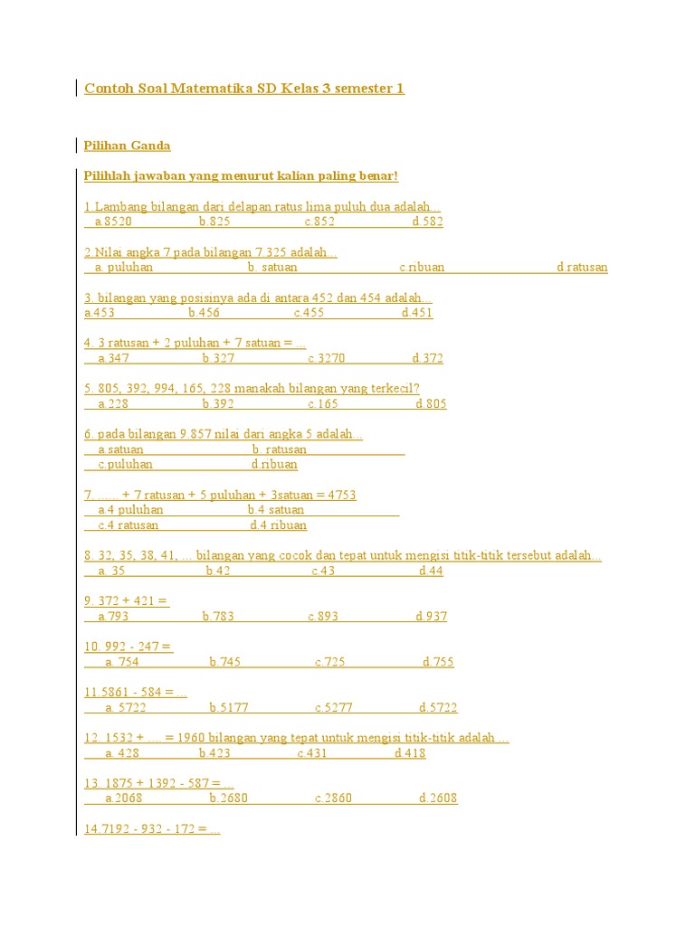 Contoh Soal Matematika Kelas 3 Semester 1 | PDF