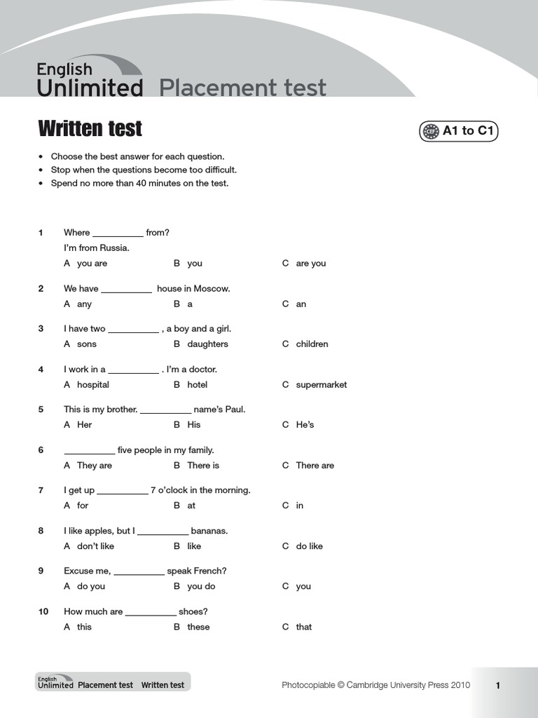 English Class A1+ Unit 0 Test English Unlimited - Placement Test A1-C1 Written Test