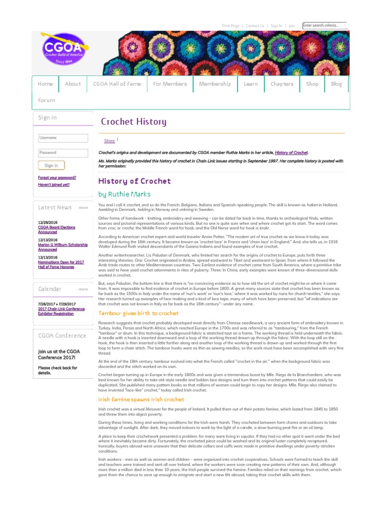 Crochet History - Crochet Guild of America (CGOA) | PDF | Crochet | Yarn