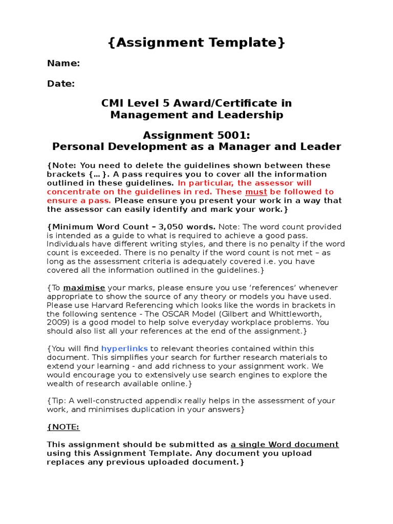 Assignment Template 5001 Personal Development As A Manager And Leader Pdf Personal Development Cognition