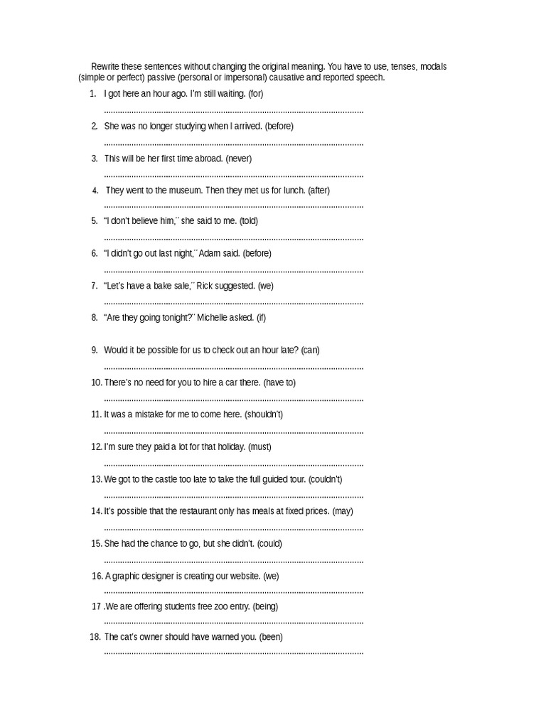 Rewrite Sentences Without Changing The Meaning Exercises